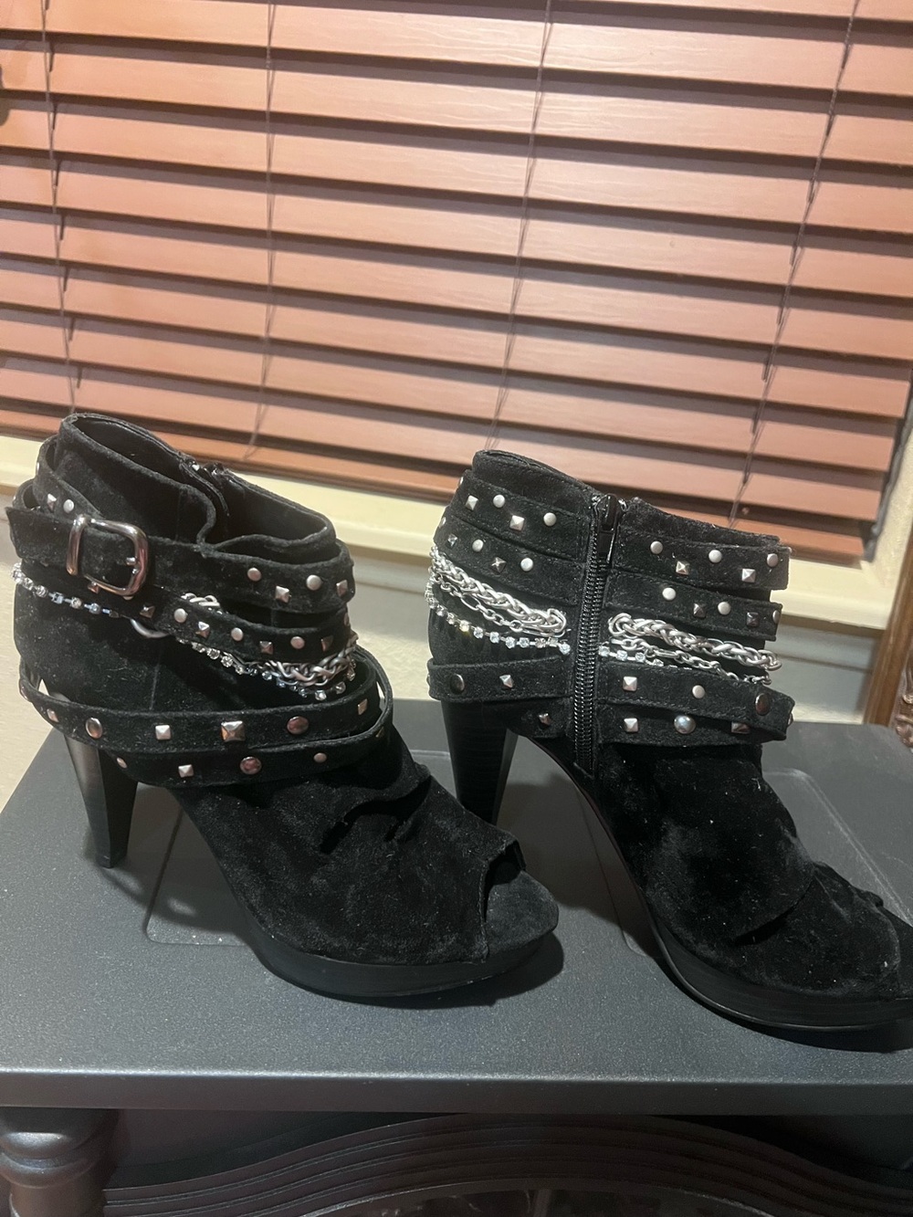 Buckle Black Studded Peep-Toe Ankle Boots with Chain Trim